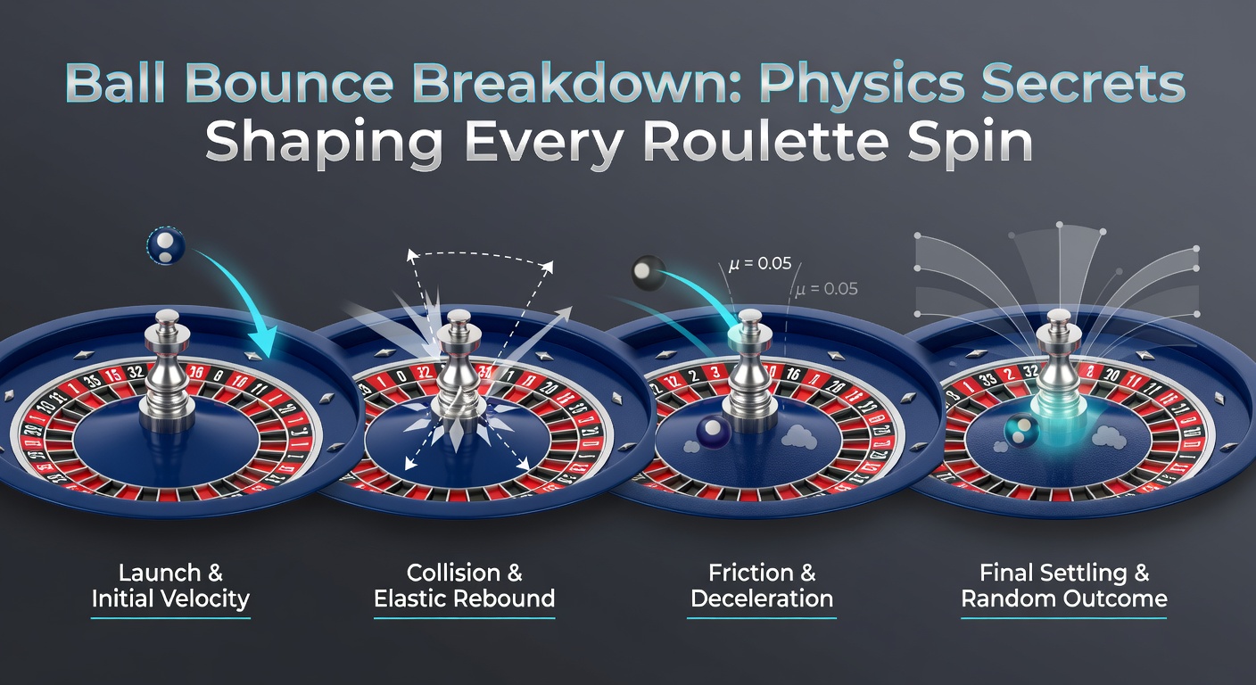 Detaillierte Grafik eines Roulette-Rotors mit markierten Bounce-Punkten, Geschwindigkeitsvektoren und Simulationspfaden des Balls