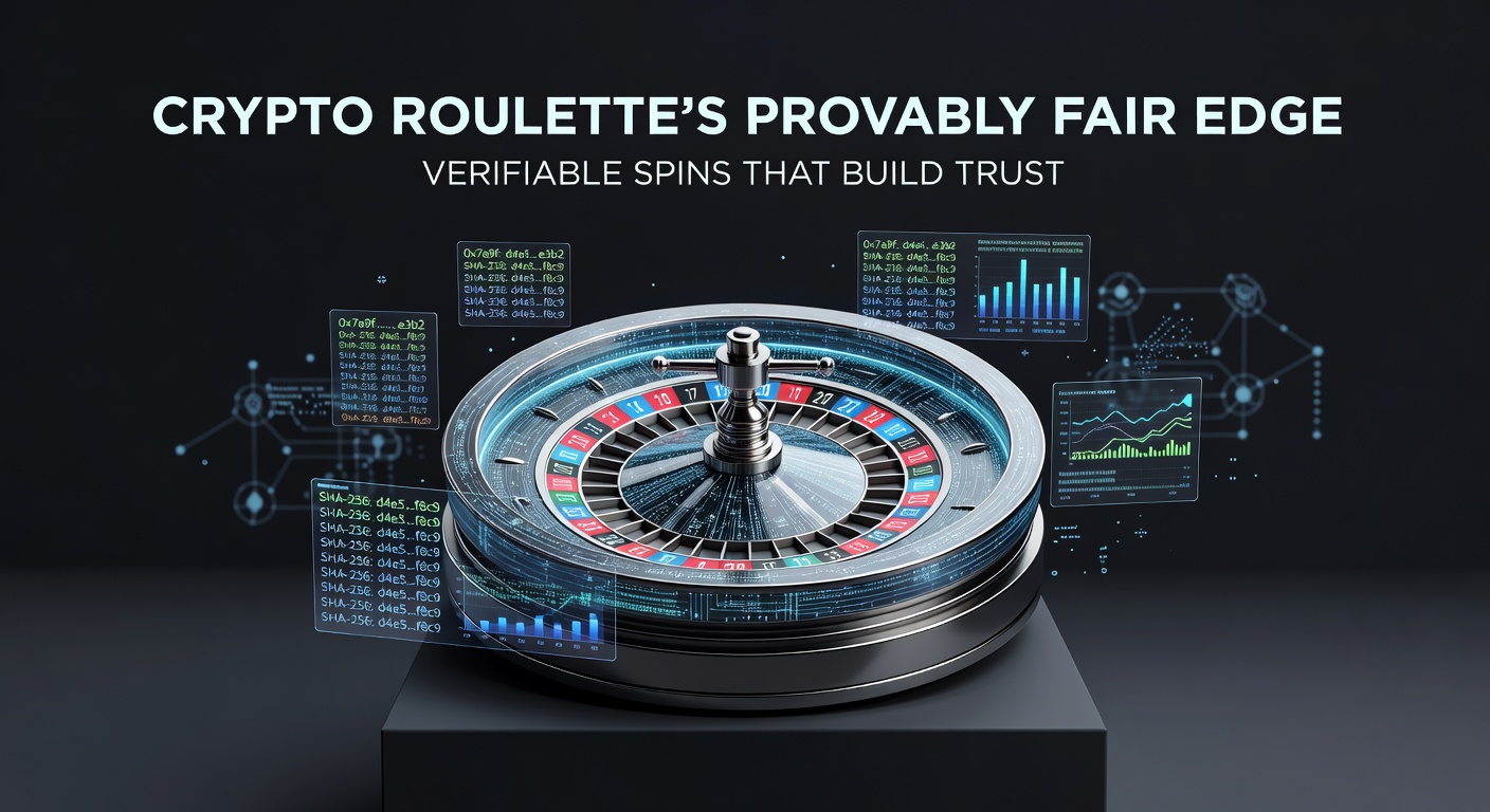 Darstellung einer Provably Fair Verifizierung in einem Crypto Roulette Spiel, mit Hash-Werten und Seed-Generatoren auf dem Bildschirm