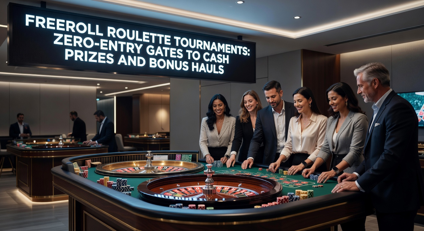 Spieler am Roulette-Tisch in einem intensiven Freeroll-Turnier, umgeben von digitalen Leaderboards und Preistrophäen