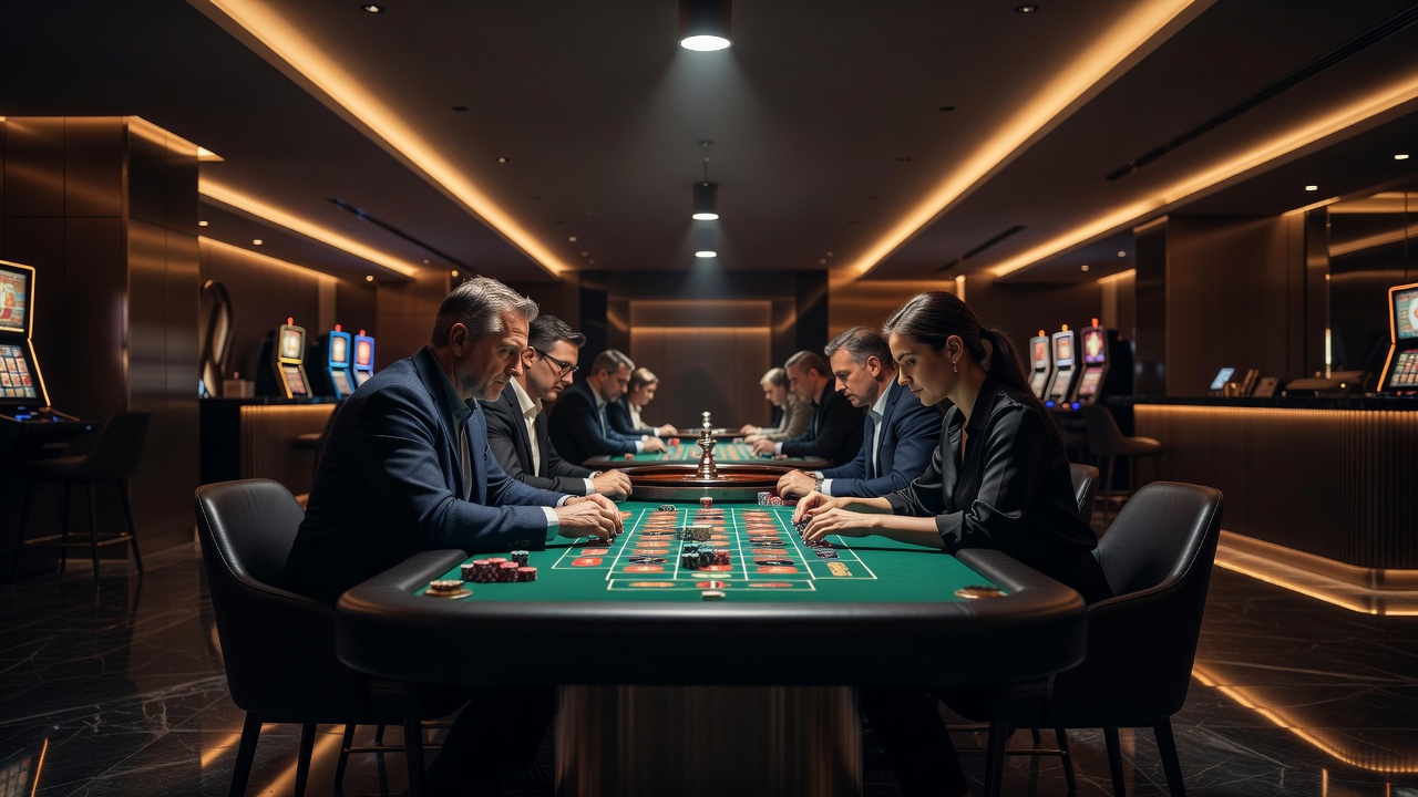 Detailansicht eines beleuchteten Roulette-Tisches mit variablen Lichtquellen und Schattenwirkung