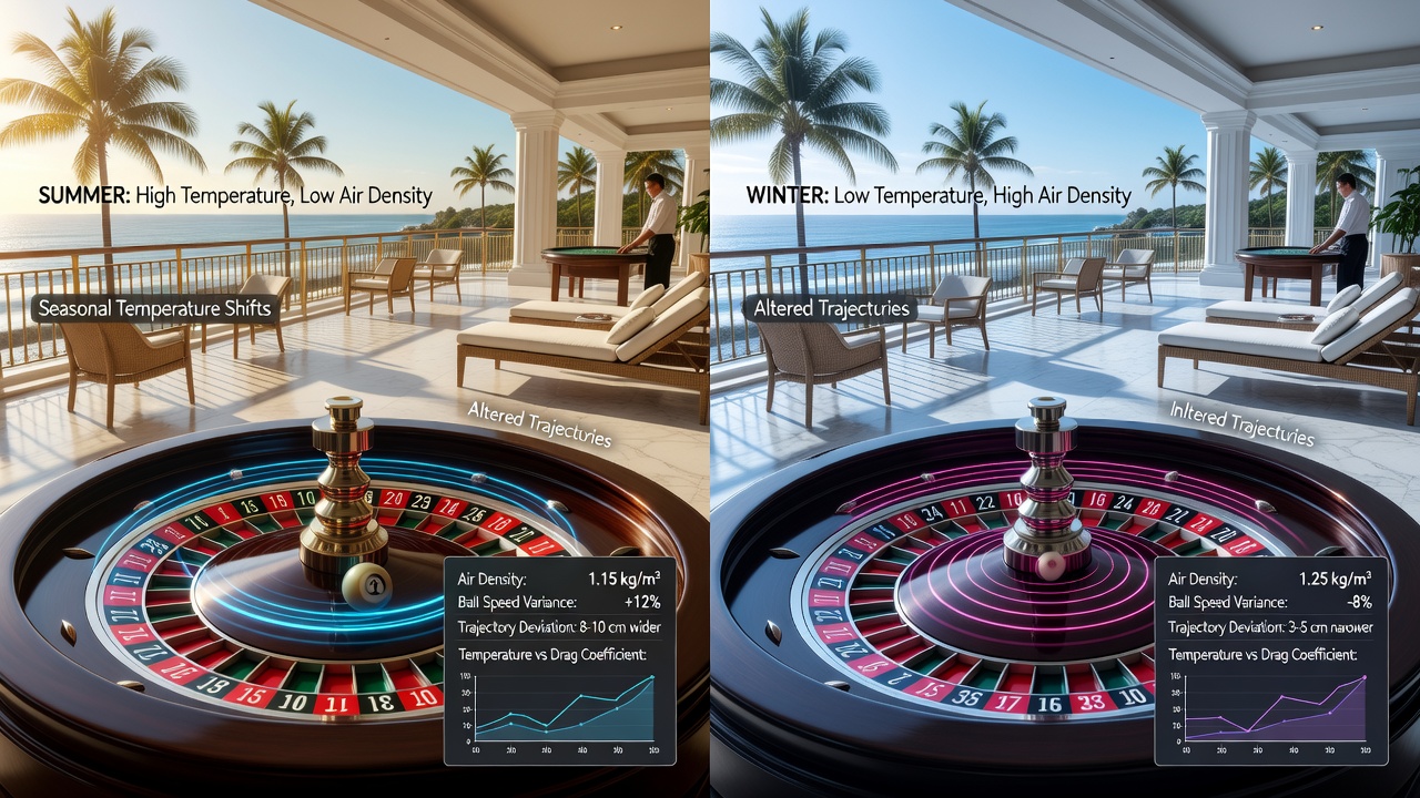 Techniker bei der Kalibrierung eines Roulette-Rades unter variablen Wetterbedingungen
