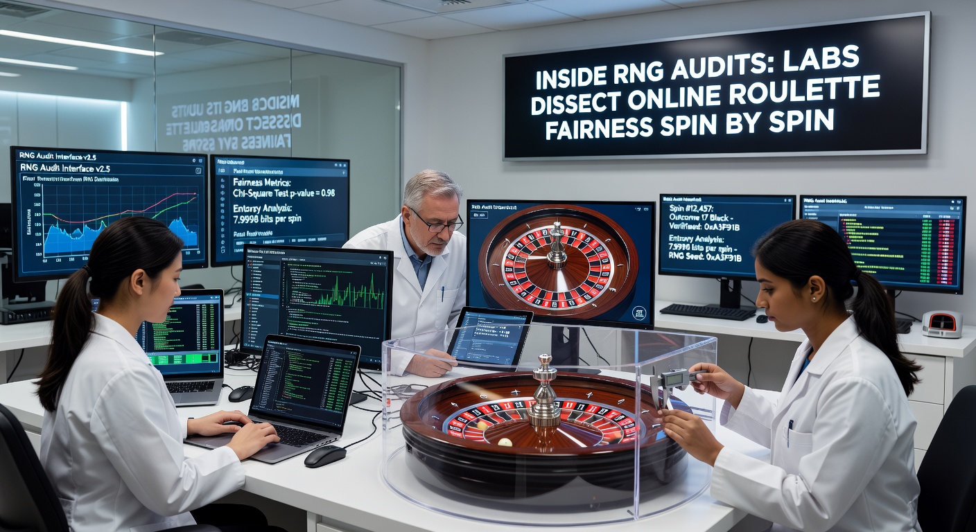 Labortechniker analysieren RNG-Daten auf Monitoren während eines Roulette-Audits
